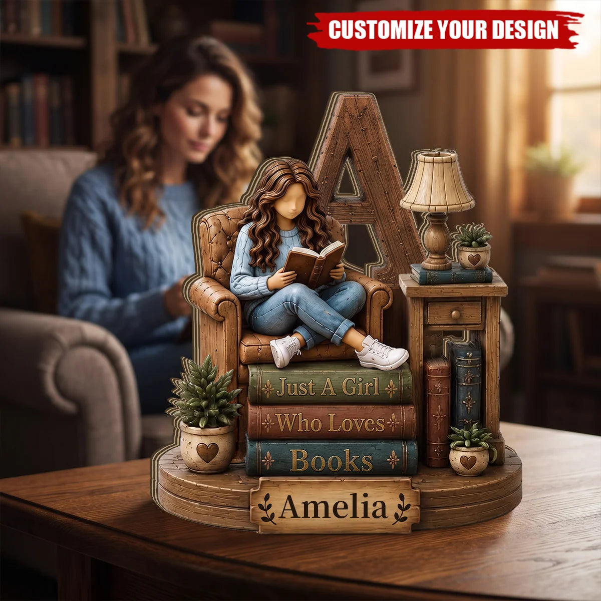 "Just A Girl Who Loves Books" Custom Name Wooden Block - Personalized Gift for Book Lovers