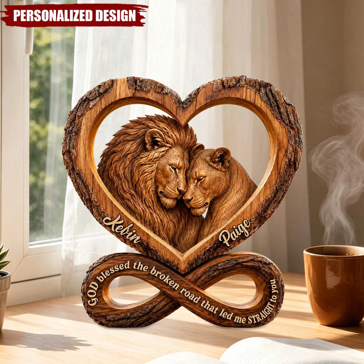 God Blessed The Broken Road - Personalized Lion Wooden Block Keepsake for Couples