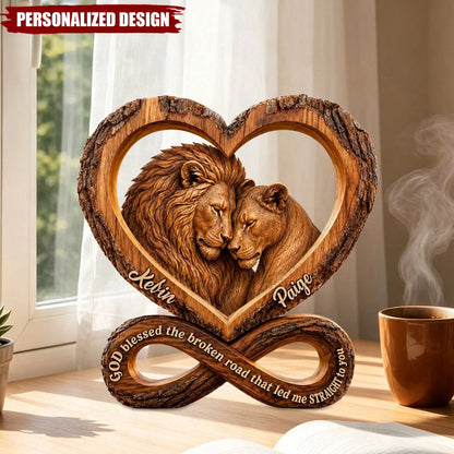 God Blessed The Broken Road - Personalized Lion Wooden Block Keepsake for Couples