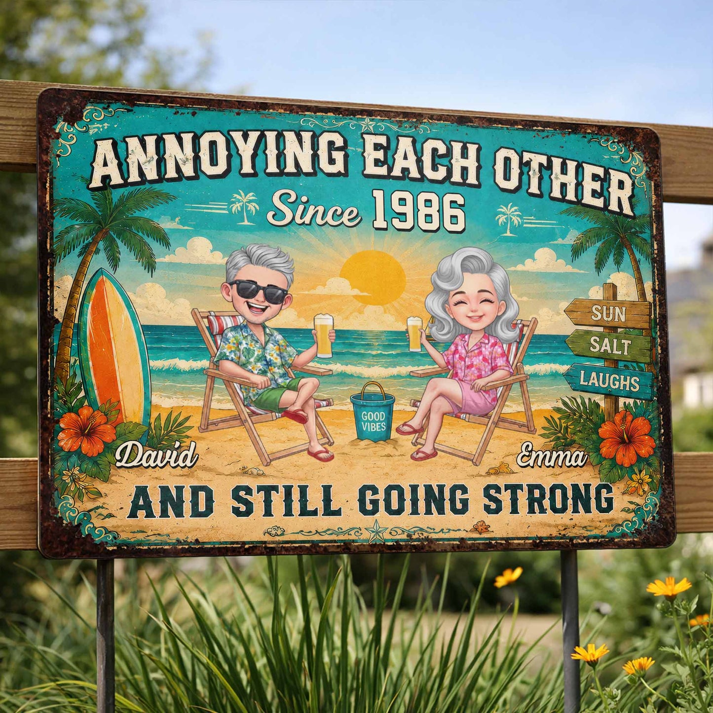 Personalized couple metal sign with funny beach scene illustration and custom names - unique gift for anniversary image 9