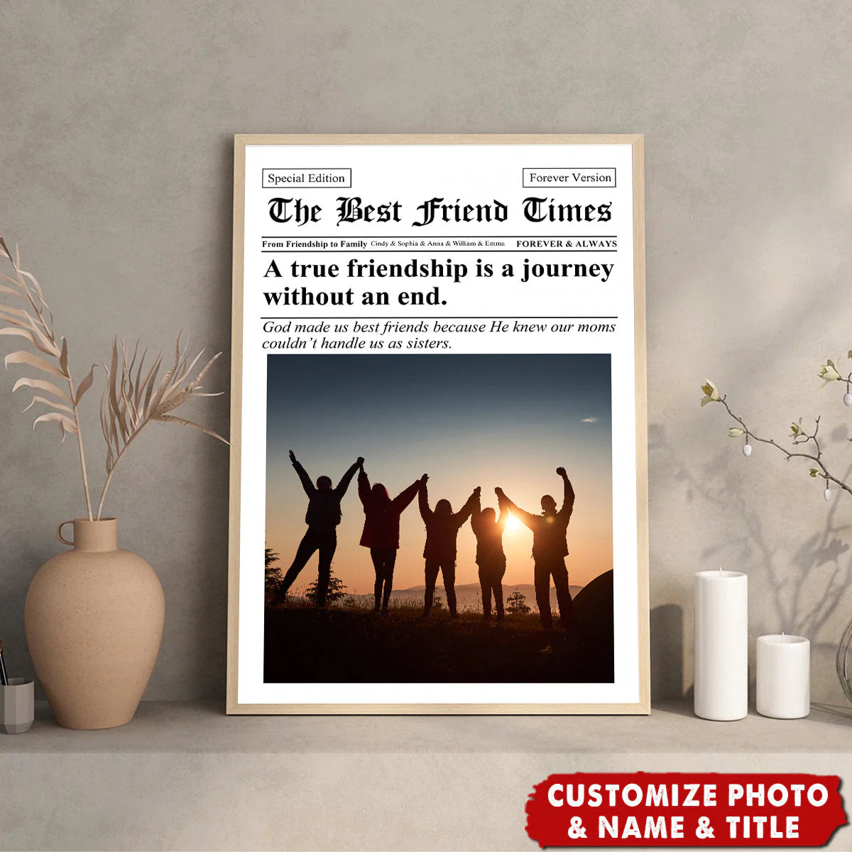 Personalized best friend photo canvas with custom newspaper design and uploaded picture for friendship gift