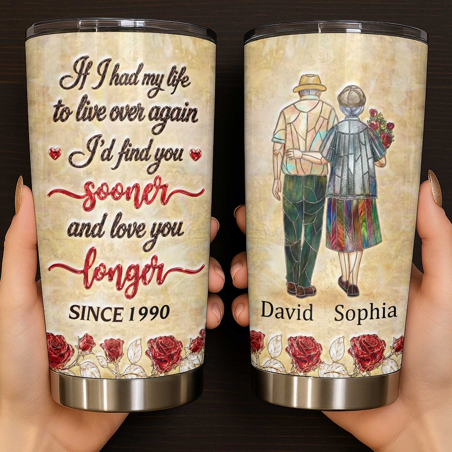 Personalized couple tumbler with stained glass style old couple art and custom names for anniversary gift