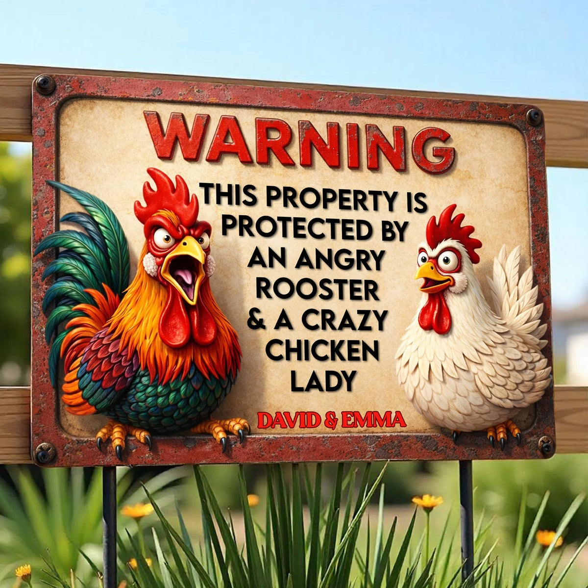 Warning Protected By Angry Rooster And Crazy Chicken Lady
