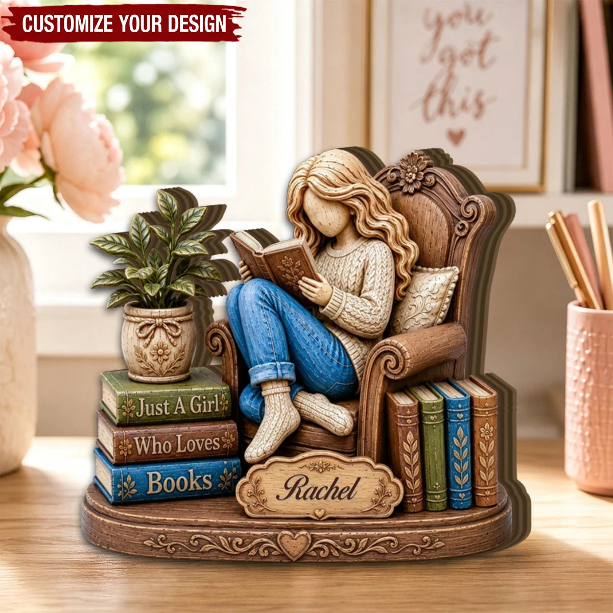 Just A Girl Who Loves Books Personalized Wooden Block - Custom Gift for Bookworm Best Friends