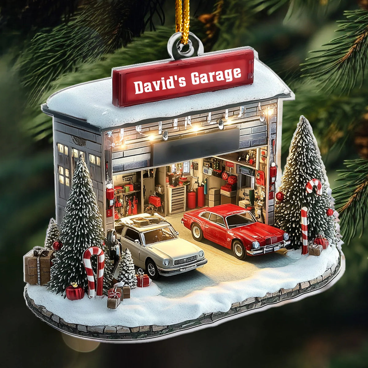 Custom Name Car Garage Acrylic Christmas Tree Ornament – Keepsake Gift for Auto Mechanic