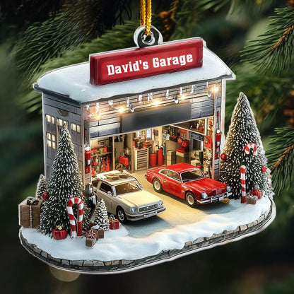 Custom Name Car Garage Acrylic Christmas Tree Ornament – Keepsake Gift for Auto Mechanic