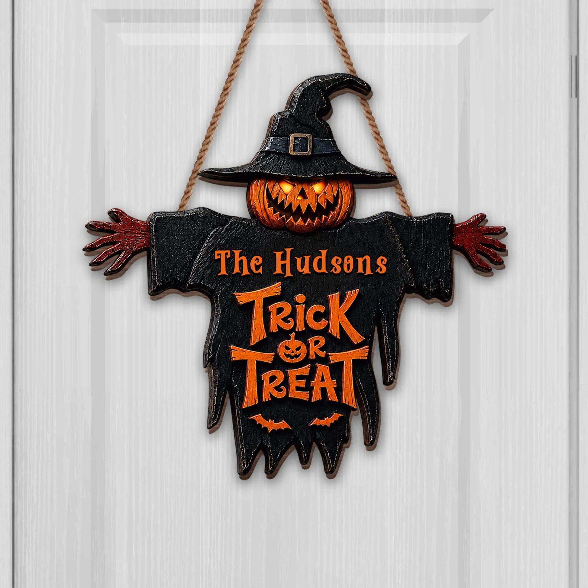 Trick Or Treat Pumpkin Scarecrow Personalized Halloween Wood Sign - Custom Family Front Porch Decor