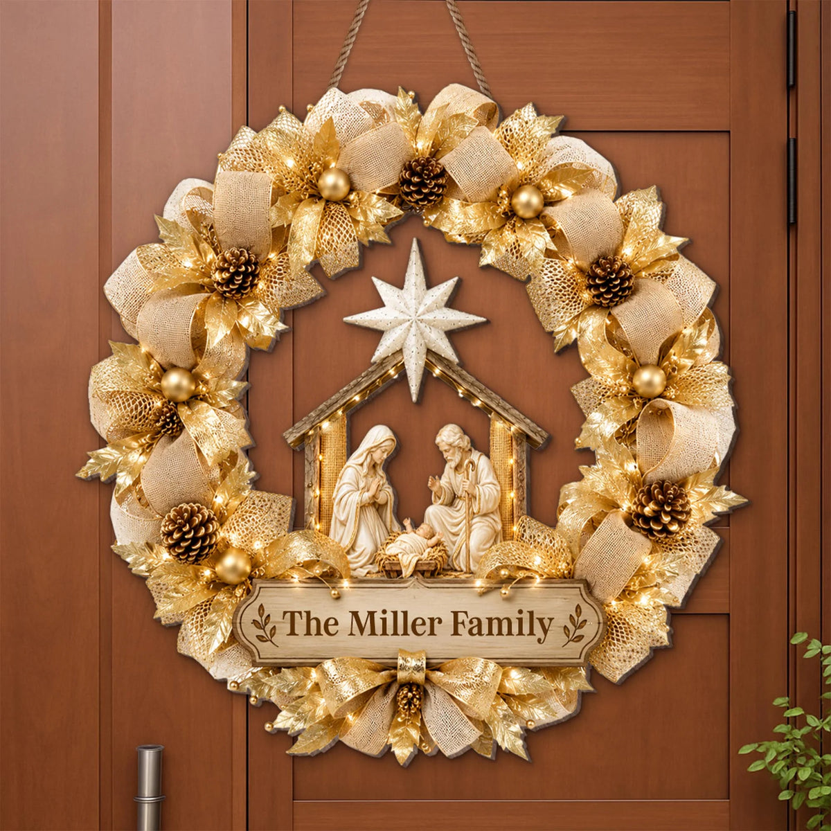 Nativity Scene Gold Wreath Personalized Wood Sign - Christmas Holiday Decor for Family