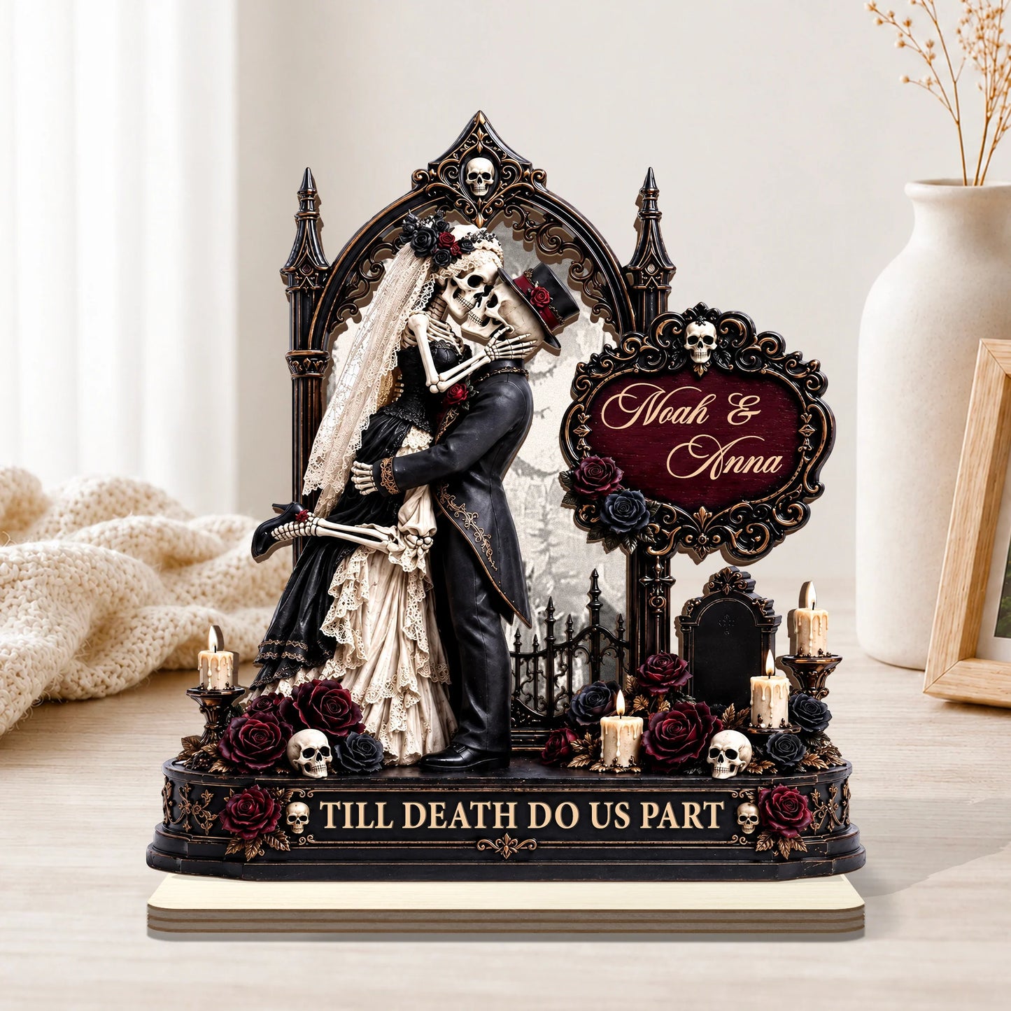Till Death Do Us Part Personalized Skeleton Couple Wooden Plaque - Custom Gothic Halloween Gift for Husband and Wife