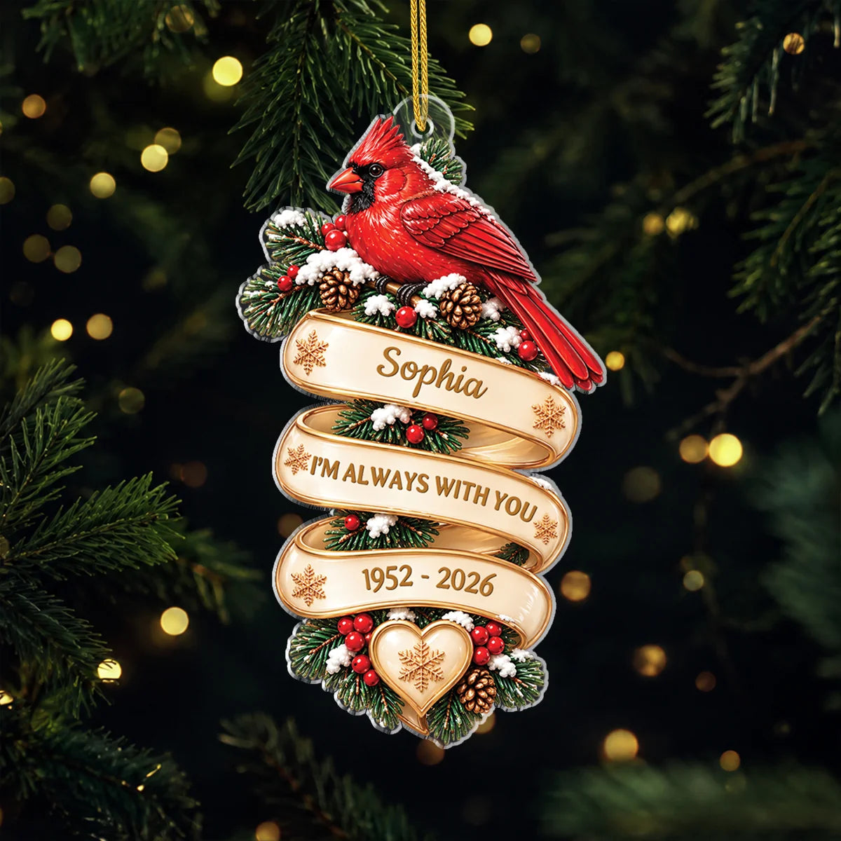 "Always With You" Personalized Cardinal Memorial Acrylic Ornament - Sympathy Christmas Keepsake for Family