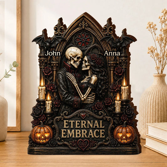 Eternal Embrace Custom Skeleton Couple Wooden Block - Personalized Gothic Anniversary Gift for Husband or Wife