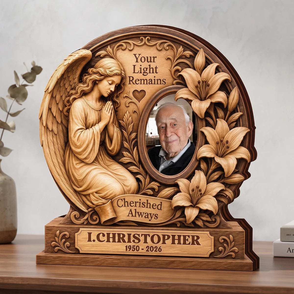 "Your Light Remains Cherished Always" Personalized Memorial Wooden Block - Custom Photo Bereavement Gift for Family