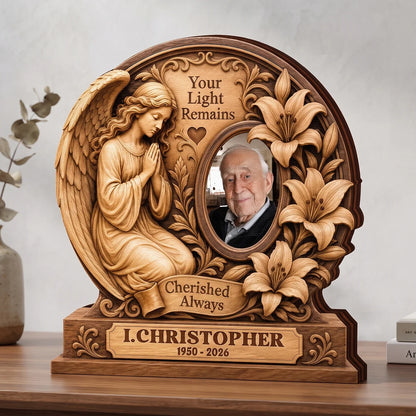 "Your Light Remains Cherished Always" Personalized Memorial Wooden Block - Custom Photo Bereavement Gift for Family