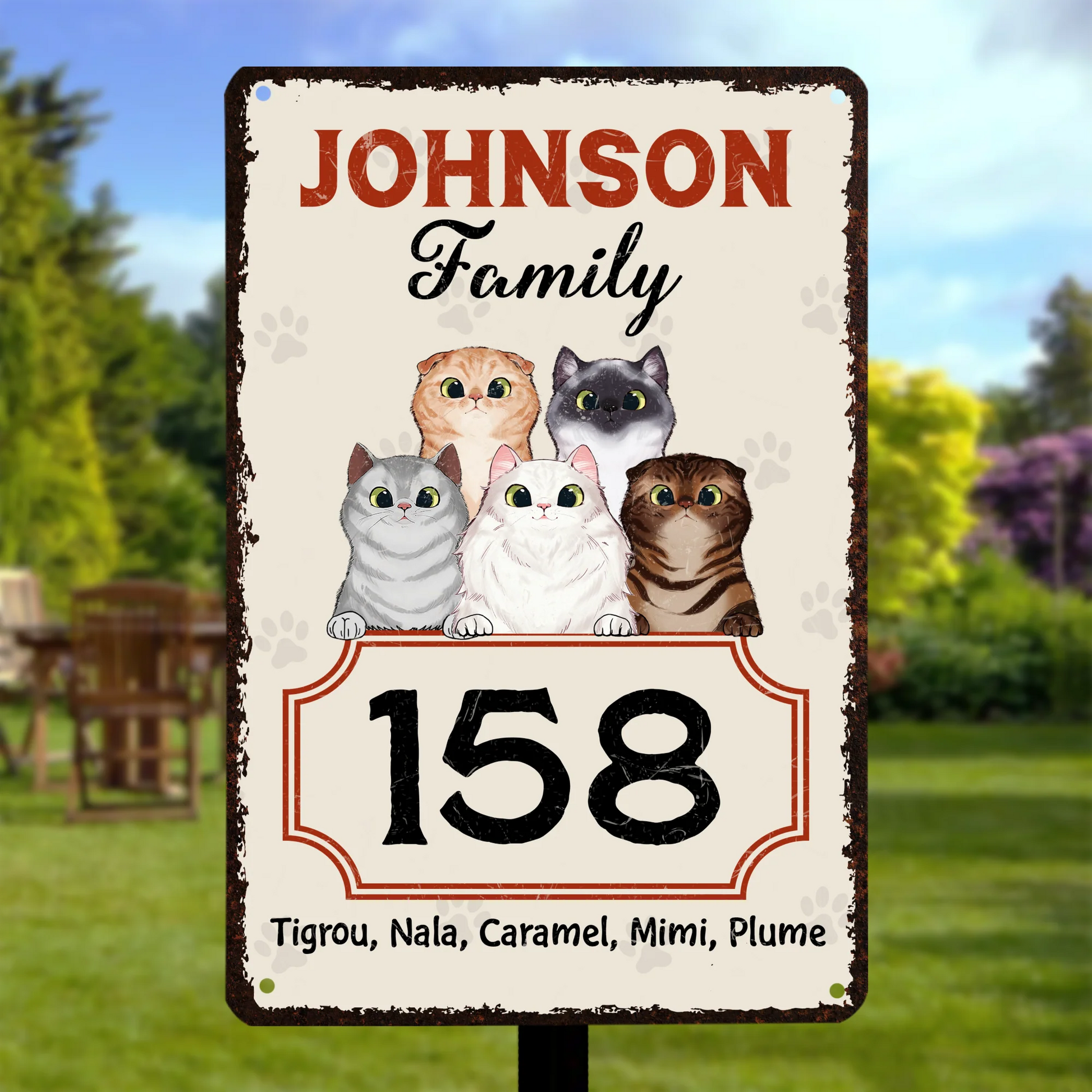 Custom Cat Family Metal Sign - Personalized Pet House Number Plaque for Cat Lovers