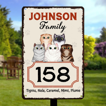 Custom Cat Family Metal Sign - Personalized Pet House Number Plaque for Cat Lovers
