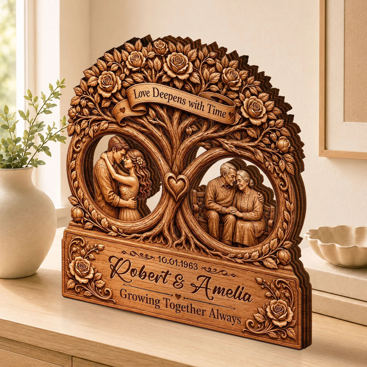 "Love Deepens With Time Tree" Personalized Wooden Block - Custom Anniversary Keepsake Gift for Couples