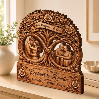 "Love Deepens With Time Tree" Personalized Wooden Block - Custom Anniversary Keepsake Gift for Couples