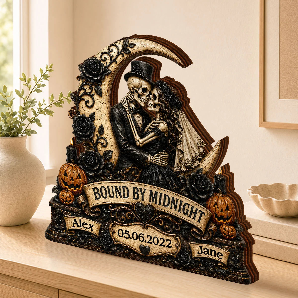 Bound By Midnight Personalized Skeleton Couple Wooden Block - Custom Halloween Anniversary Gift