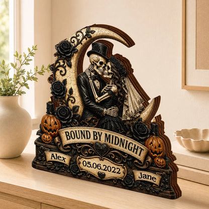 Bound By Midnight Personalized Skeleton Couple Wooden Block - Custom Halloween Anniversary Gift