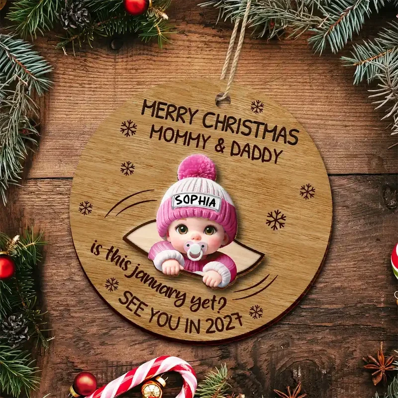 Baby Peeking Out Custom Wooden Ornament - Personalized Expecting Mom Christmas Gift