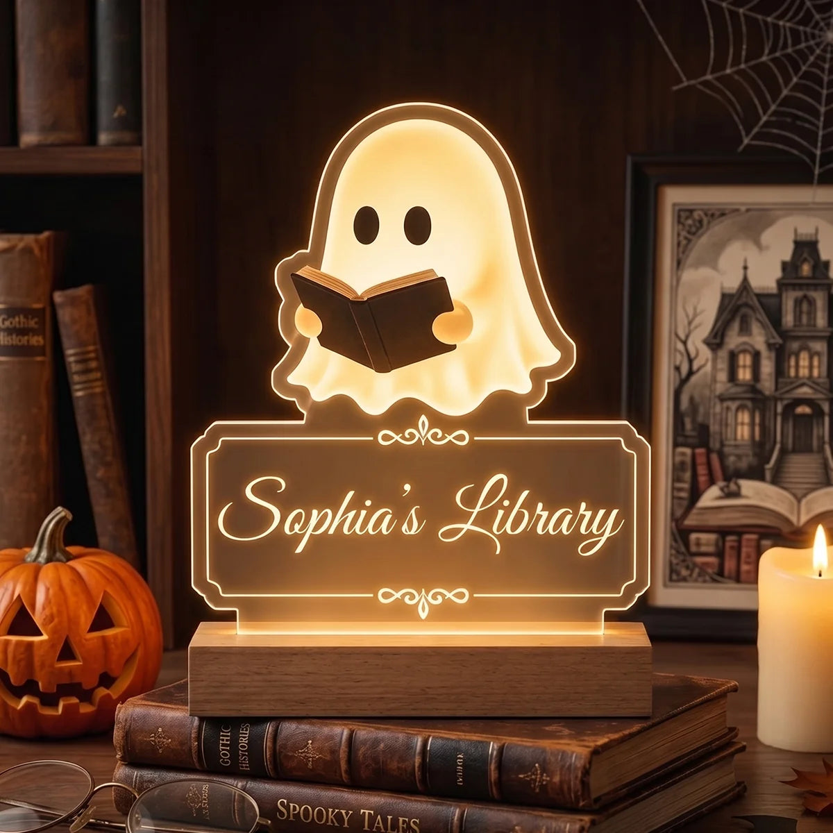 Night Light material and size view - Personalized Ghost Bookworm Night Light