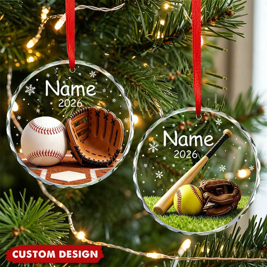 Personalized Baseball & Softball Glove Christmas Glass Ornament - Custom Player Name Keepsake Gift