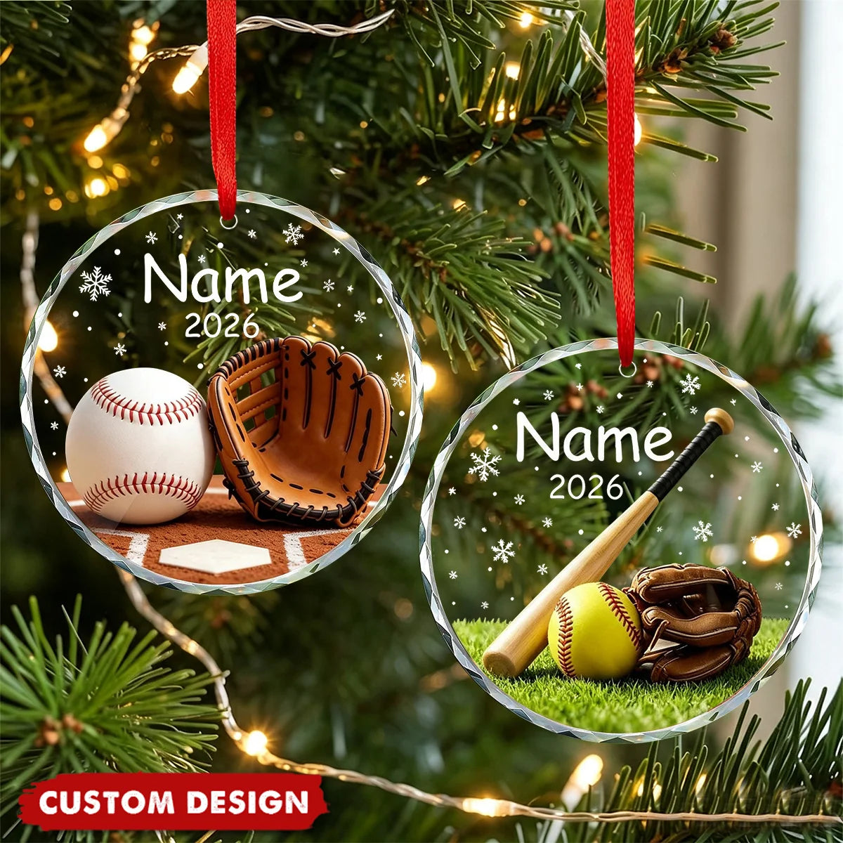 Personalized Baseball & Softball Glove Christmas Glass Ornament - Custom Player Name Keepsake Gift