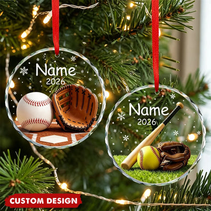Personalized Baseball & Softball Glove Christmas Glass Ornament - Custom Player Name Keepsake Gift
