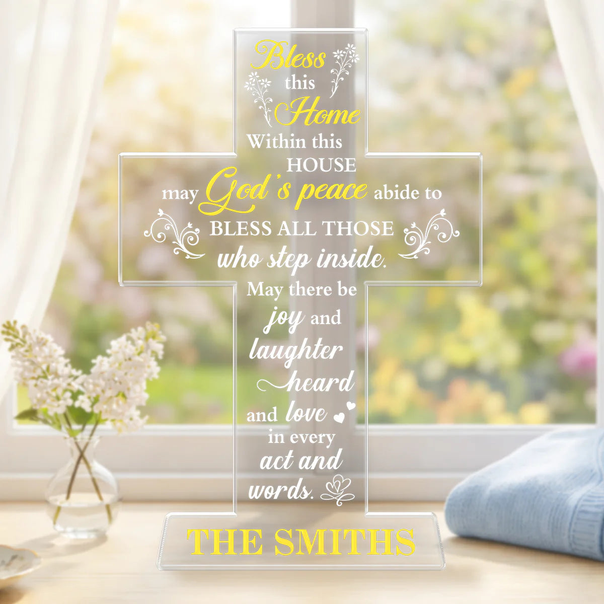 Personalized housewarming gift cross acrylic plaque printed with Bless This Home prayer and custom family name