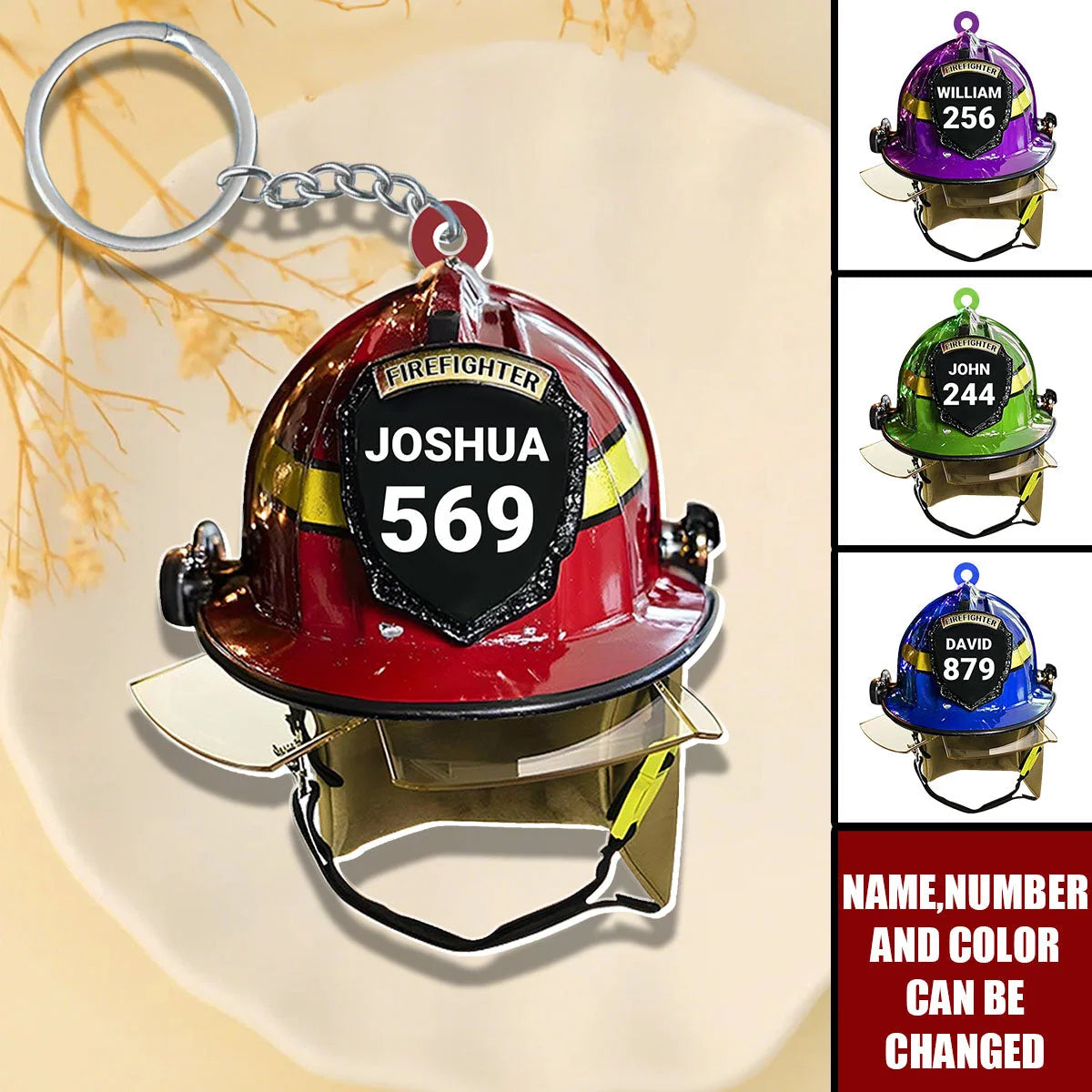 Custom Firefighter Helmet Acrylic Keychain - Personalized Name & Number Keepsake Gift for Dad, Husband