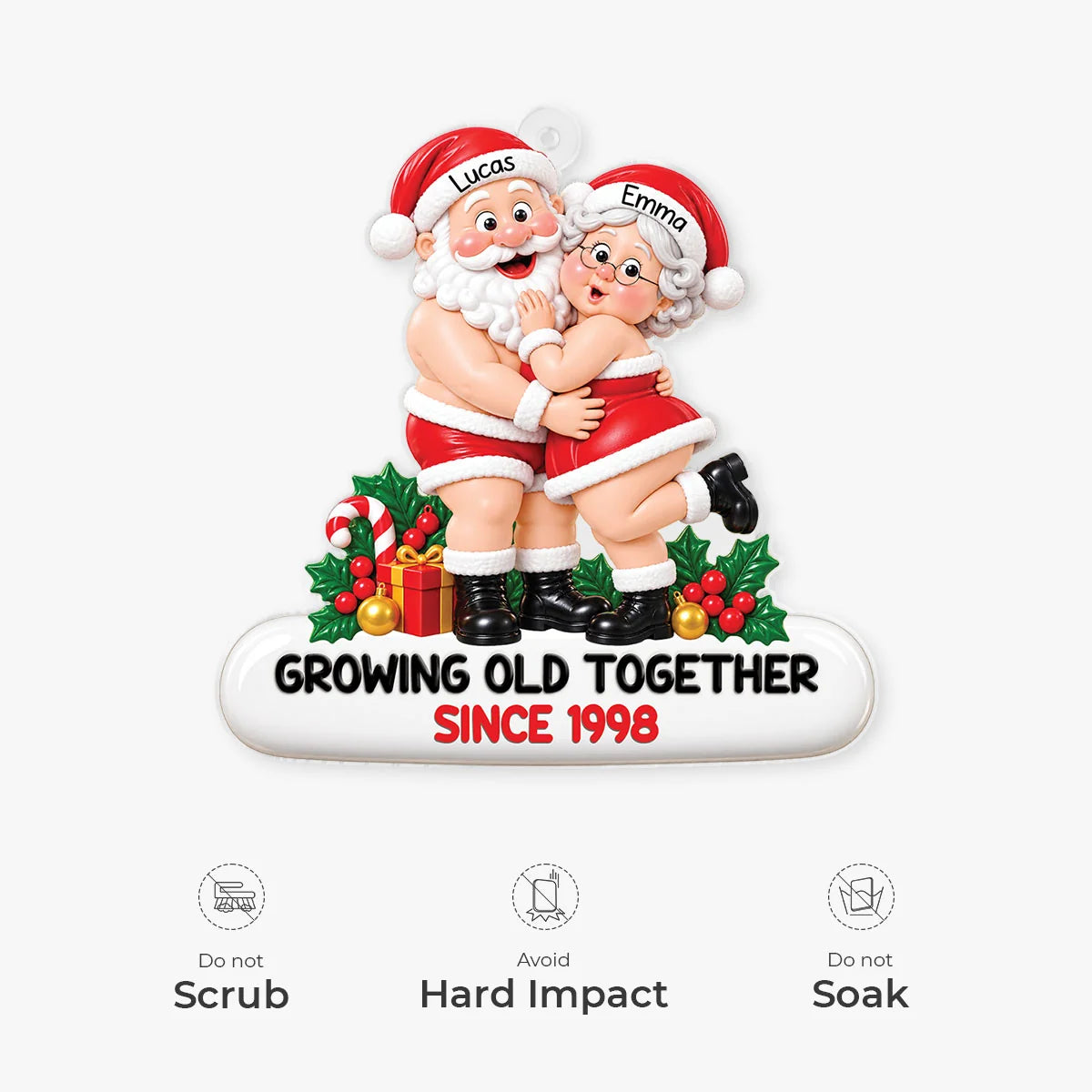 Growing Old Together Hugging Santa Couple - Personalized Acrylic Ornament for Christmas Keepsake