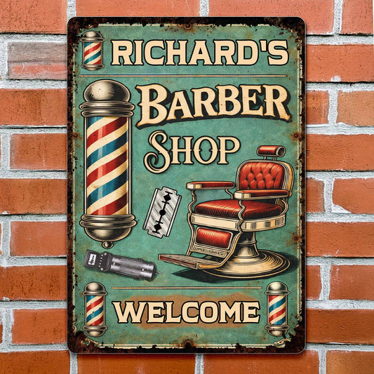 Custom barber shop metal sign with vintage barber chair and pole design for professional salon wall decor