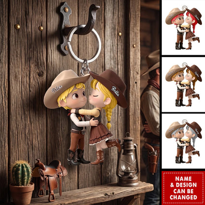 Personalized Cowboy Couple Keychain - Custom Western Country Lovers Keepsake Gift