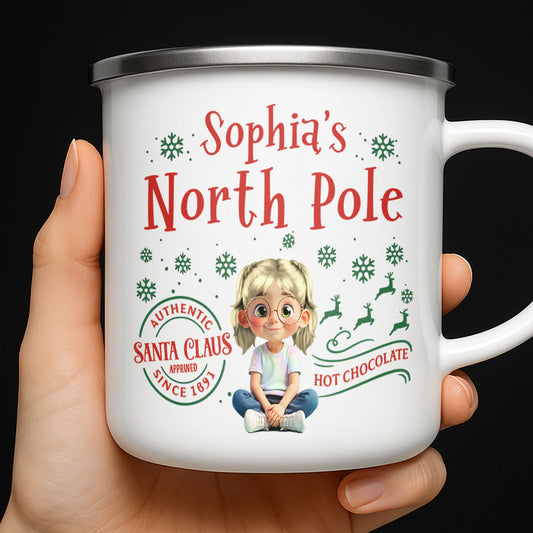 North Pole Hot Chocolate Mug With Girl And Christmas Elements