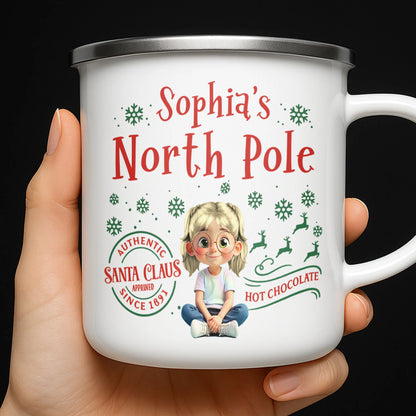 North Pole Hot Chocolate Mug With Girl And Christmas Elements