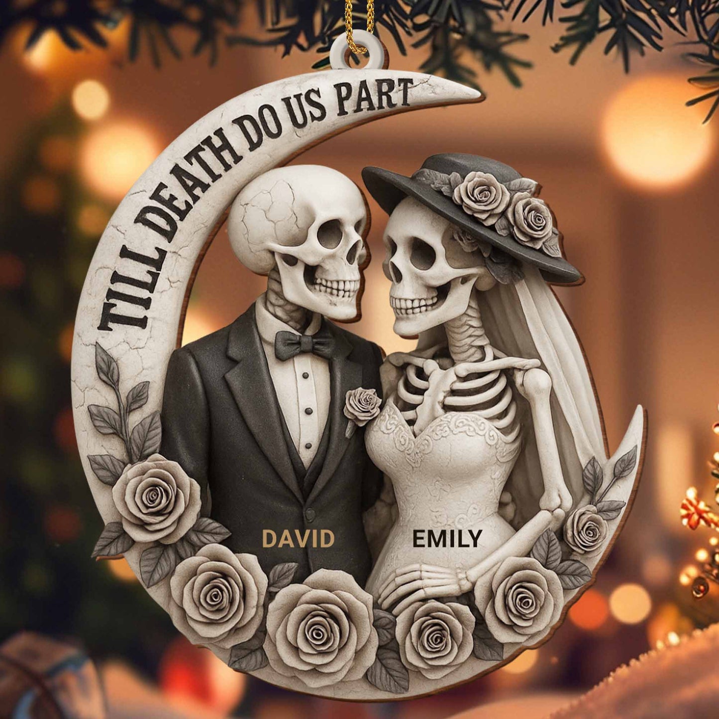 Personalized Till Death Do Us Part skeleton ornament with custom names for couples wedding anniversary gift