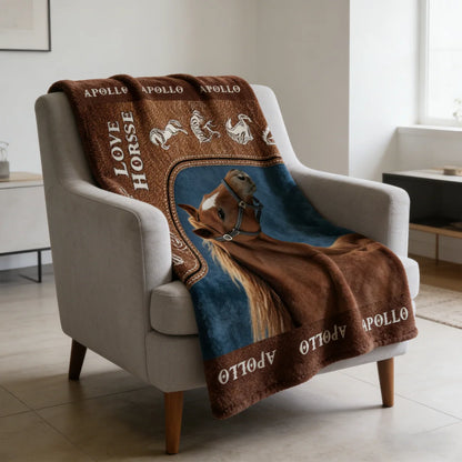 Love Horse Personalized Photo Blanket - Custom Equestrian Throw Gift for Horse Lovers
