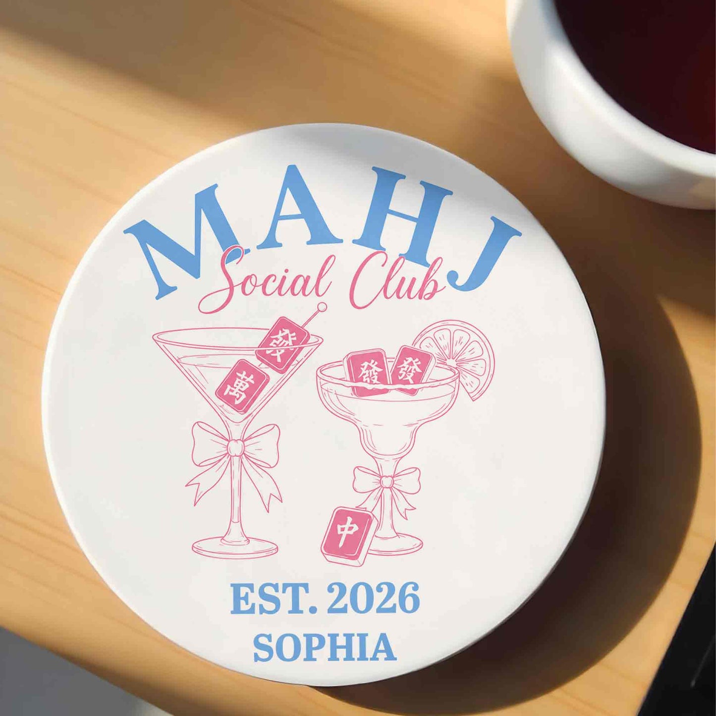Personalized Mahjong ceramic coaster with cute pink cocktail glasses and custom name Sophia