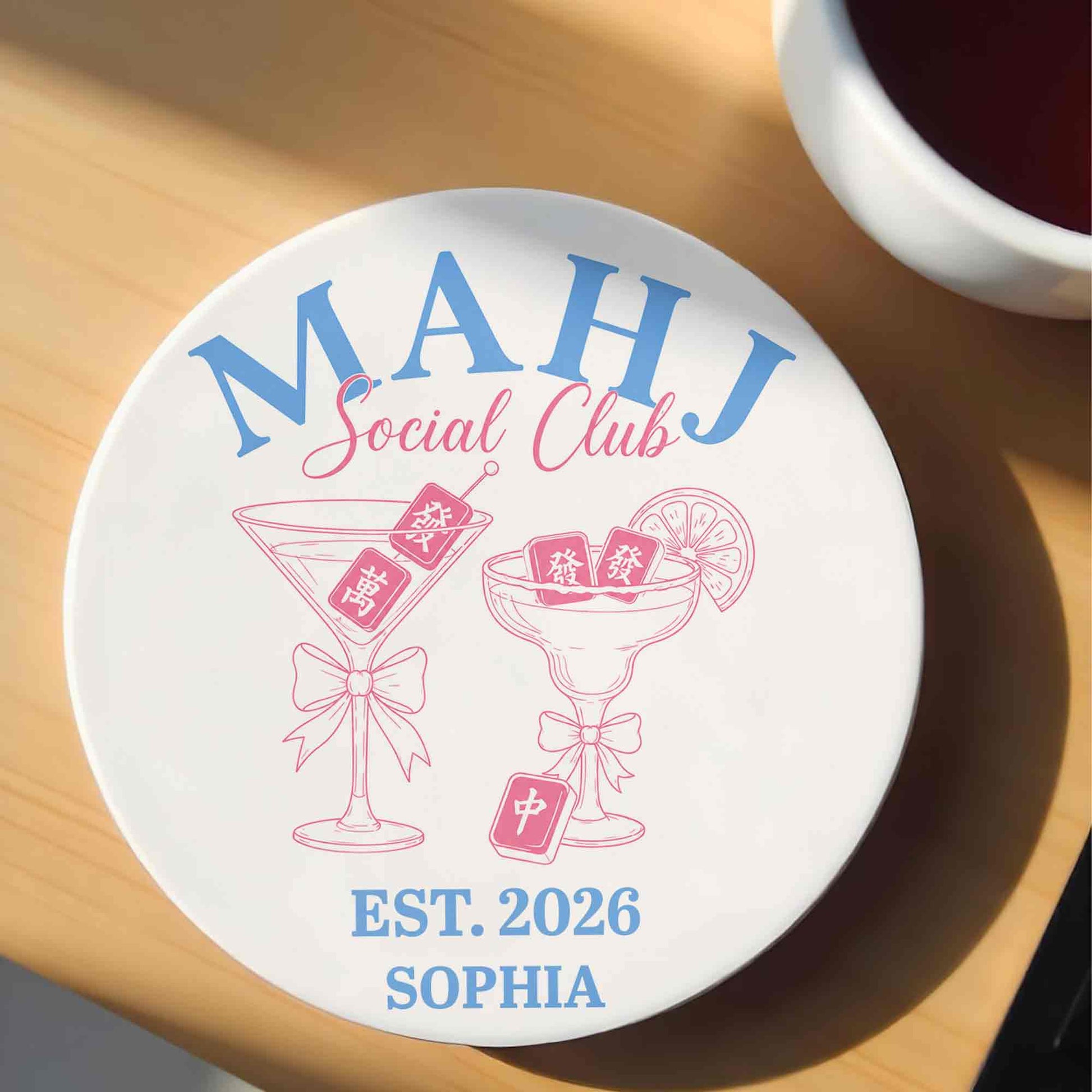 Personalized Mahjong ceramic coaster with cute pink cocktail glasses and custom name Sophia