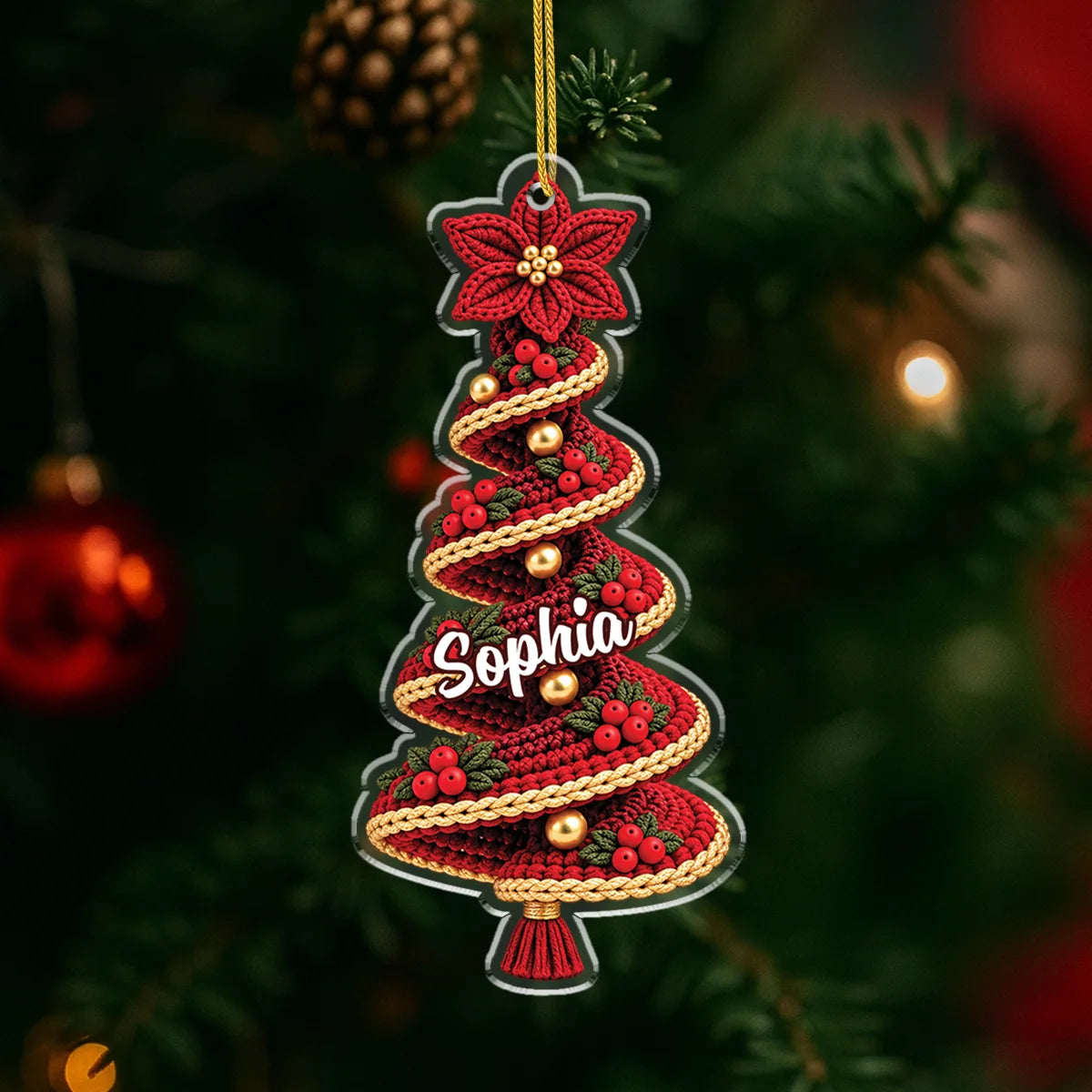 Faux Crochet Christmas Tree Personalized Acrylic Ornament with Name - Holiday Gifts for Family