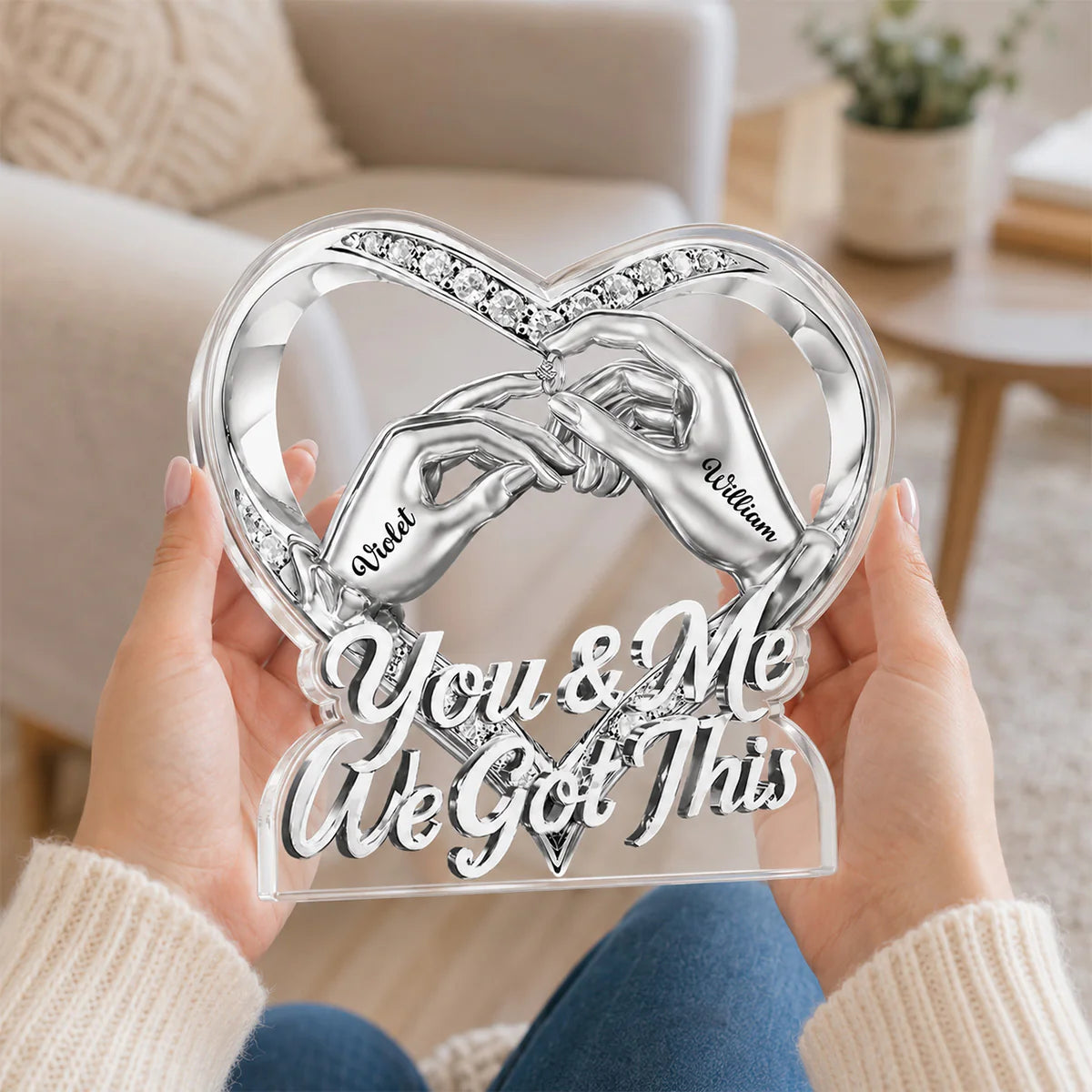 Personalized couple acrylic plaque with a romantic heart shape and holding hands design for anniversary gifts image 6