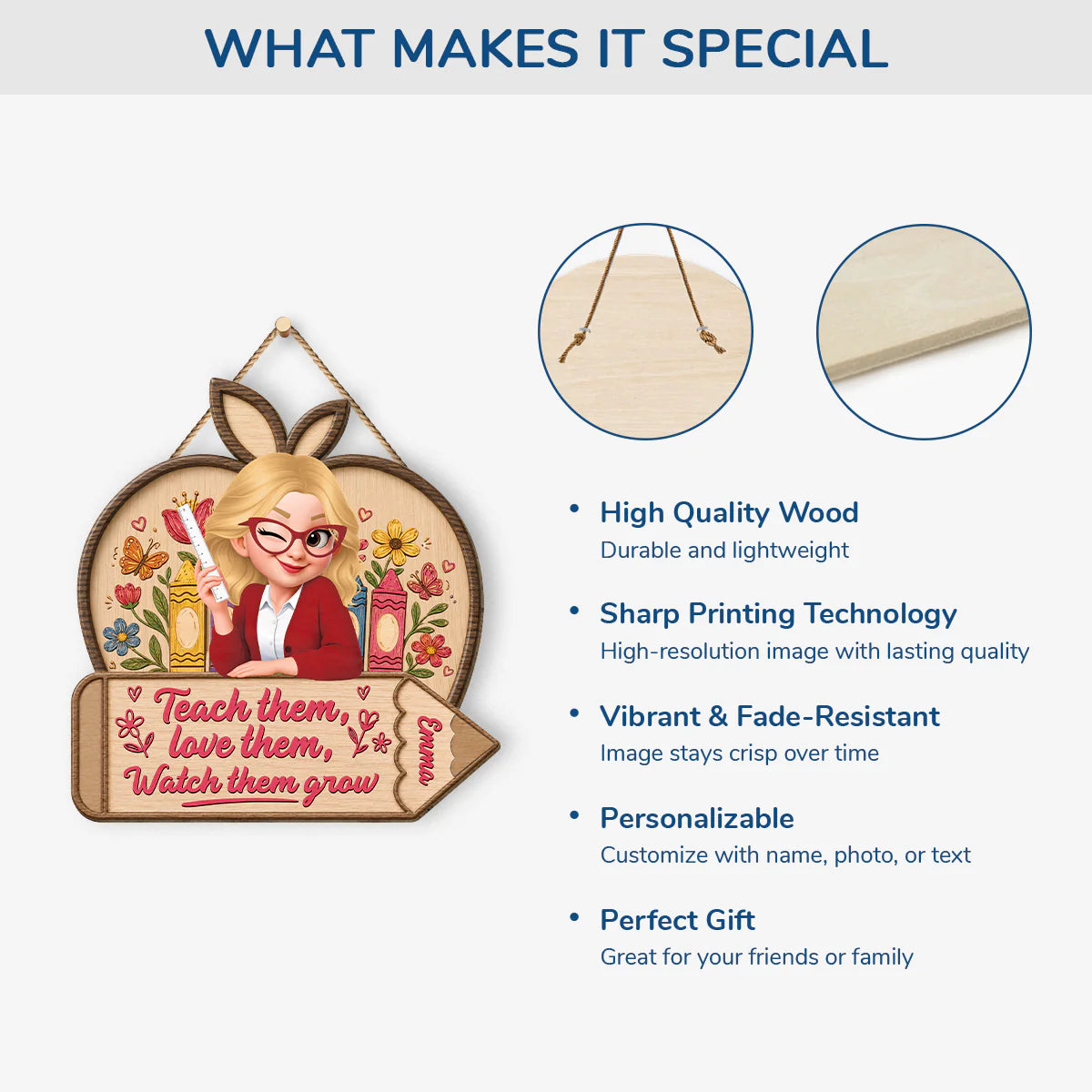 Wood Sign material and size view - Personalized Teacher Wood Sign