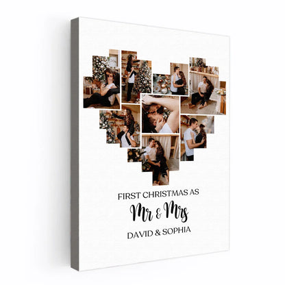"First Christmas As Mr & Mrs" - Personalized Photo Heart Collage Canvas / Poster for Couples
