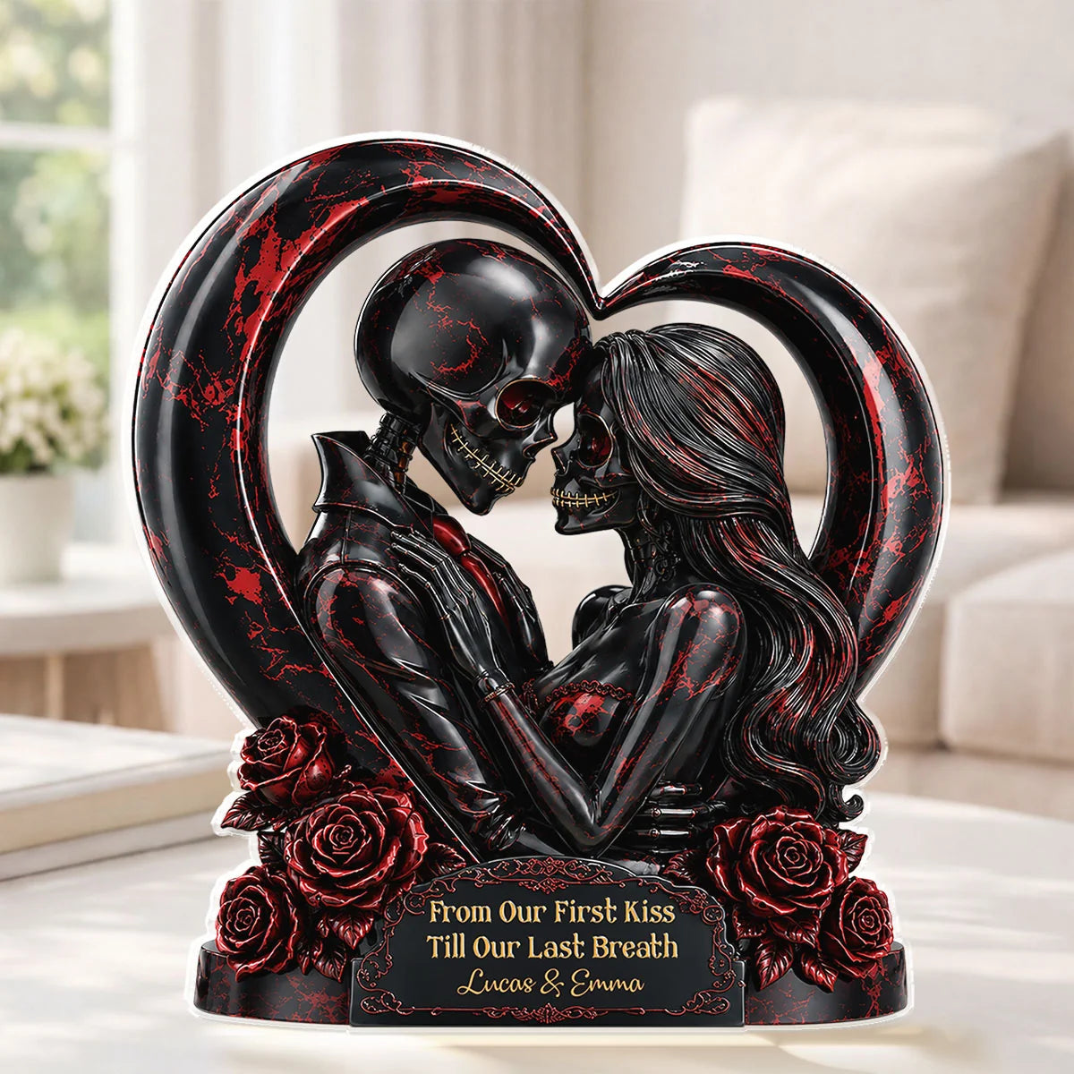 From Our First Kiss Till Our Last Breath - Personalized Skeleton Acrylic Plaque for Couples Romantic Halloween Gift