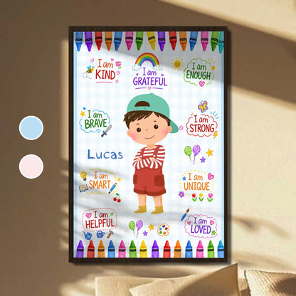 Personalized kids affirmation poster with custom name and colorful crayon designs for kids bedroom decor