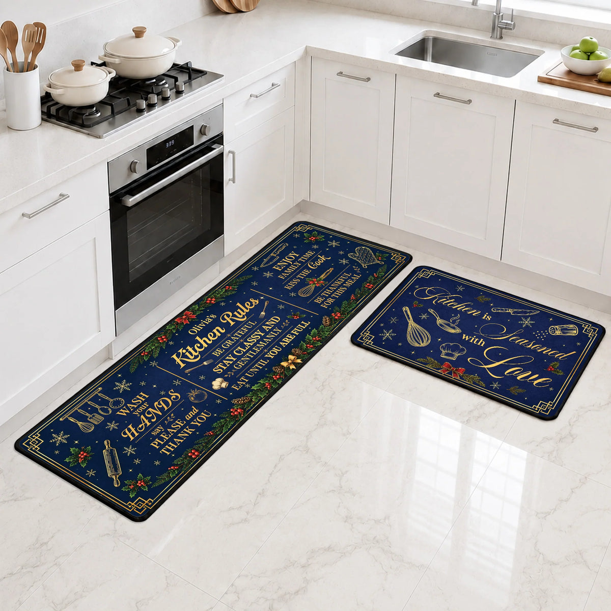 Kitchen Rules Personalized Runner Rug - Custom Christmas Holiday Mat for Family