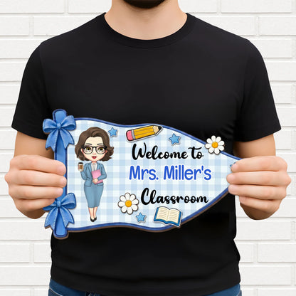 Personalized teacher wood sign with custom name and cartoon avatar for classroom door decor image 8