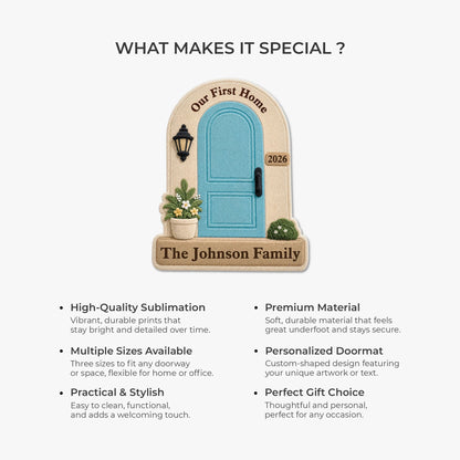 Our First Home Personalized Shaped Doormat - Custom Housewarming Welcome Mat for Family
