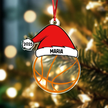 Custom Sports Santa Hat Acrylic Ornament - Personalized Baseball & Volleyball Christmas Keepsake Gift