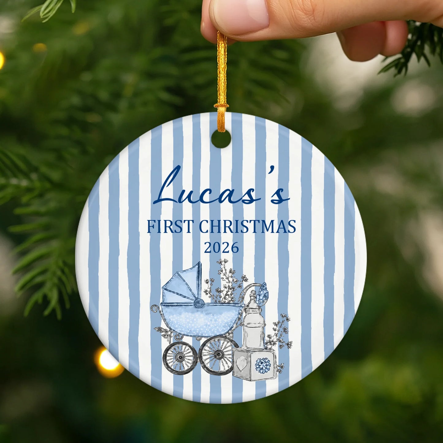 Baby's First Christmas 2026 Striped Ceramic Ornament - Personalized Newborn Keepsake Gift for New Parents